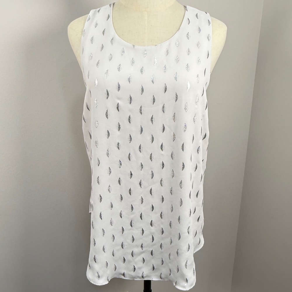 Brixon Ivy Large Blouse White Silver Metallic Foil Leaf Draped Open Back Party